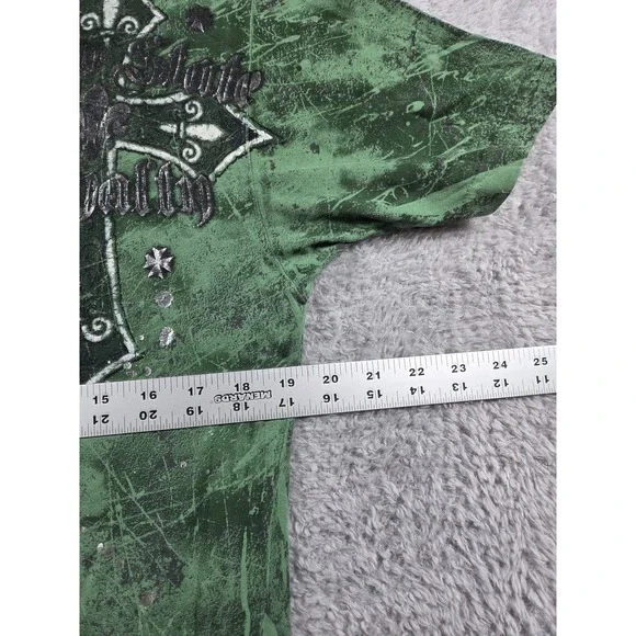 Raw State Mens Large Green Graphic Cross Loyalty Distressed T-Shirt Streetwear - Picture 4 of 8